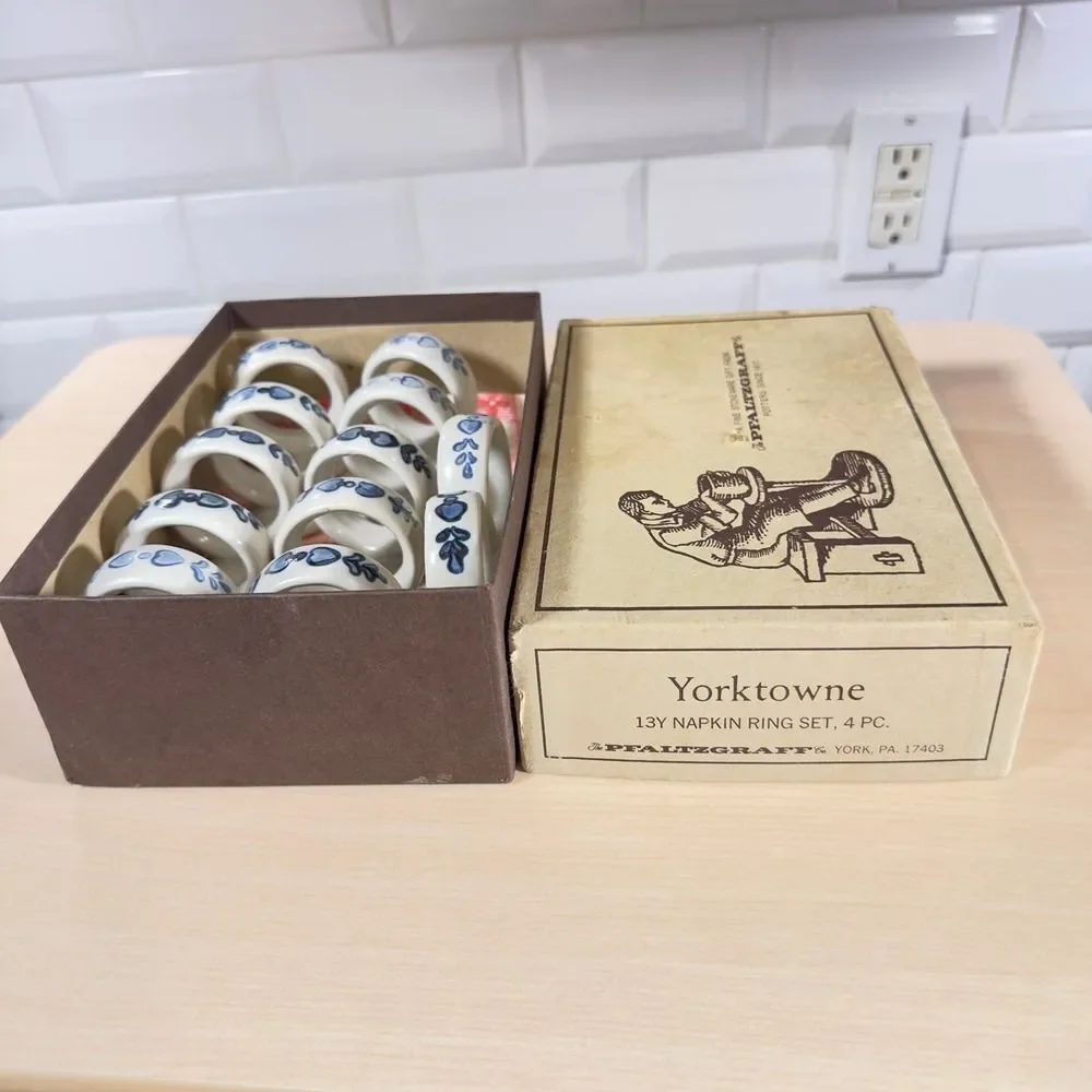 12 Napkin Rings Pfaltzgraff Yorktowne 1960s USA Blue White Stoneware  Vintage